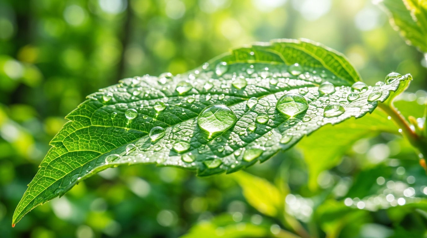 Lush bright green leaf with morning water drops - Eco Friendly Engineering